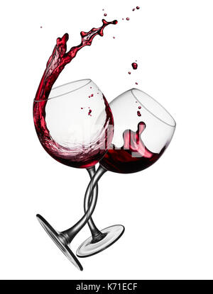 two glasses of red wine tangled around each other Stock Photo