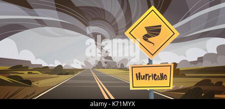 Road Sign Warning About Tornado, Twister Hurricane Countryside Wind Swirl Destroy Field Natural Disaster Concept Stock Vector
