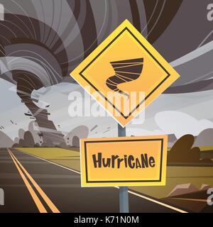 Road Sign Warning About Tornado, Twister Hurricane Countryside Wind Swirl Destroy Field Natural Disaster Concept Stock Vector