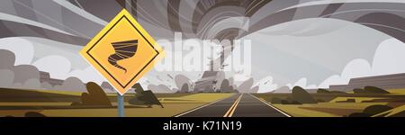 Road Sign Warning About Tornado, Twister Hurricane Countryside Wind Swirl Destroy Field Natural Disaster Concept Stock Vector