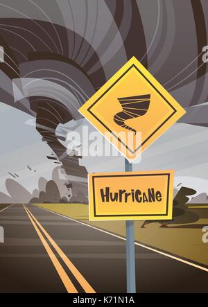 Road Sign Warning About Tornado, Twister Hurricane Countryside Wind Swirl Destroy Field Natural Disaster Concept Stock Vector