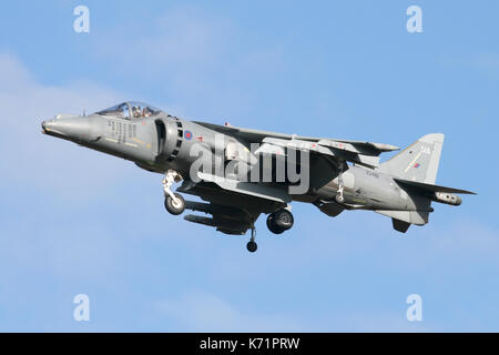 A RAF Harrier in the hover over Cottesmore following overhaul and during a test flight. The aircraft shows mission markings from Afghanistan service. Stock Photo