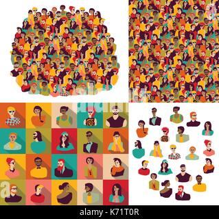 Big group young happy casual people faces set. Stock Vector