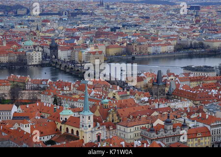 Aerial view of Charles Bridge, the Vltava river and the historical centre of Prague from the Saint Vitus Cathedral tower, Prague, Czech Republic Stock Photo