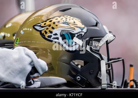 General view of a Jacksonville Jaguars helmet lying ont he pitch