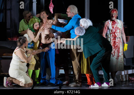 Hamburg, Germany. 13th Sep, 2017. Actors rehearse Thomas Packett Prest's production of 'Tartare Noir' in the German Theatre House in Hamburg, Germany, 13 September 2017. The play is to be premiered on the 15 September in the same theatre. Photo: Christian Charisius/dpa/Alamy Live News Stock Photo