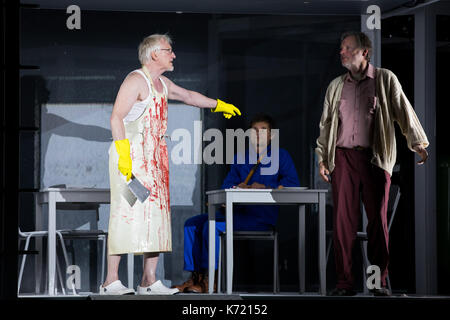 Hamburg, Germany. 13th Sep, 2017. Actors rehearse Thomas Packett Prest's production of 'Tartare Noir' in the German Theatre House in Hamburg, Germany, 13 September 2017. The play is to be premiered on the 15 September in the same theatre. Photo: Christian Charisius/dpa/Alamy Live News Stock Photo