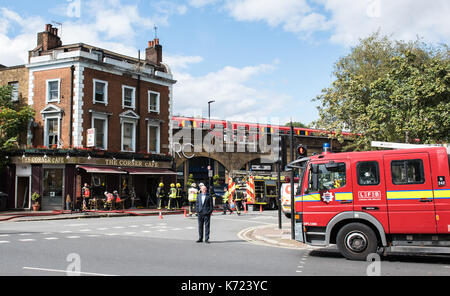 London, UK. 14th Sep, 2017. Four fire engines and 21 firefighters and officers were called to a fire at a café in Lambeth Road in Lambeth. Part of the basement of the three-storey building was damaged. The Brigade was called at 1242 and the fire was under control at 1407. Fire crews from Lambeth, Dowgate, Old Kent Road and Brixton fire stations attended the scene. Credit: Peter Manning/Alamy Live News Stock Photo
