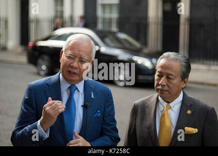 London, UK. 14th Sep, 2017. Prime Minister Najib Razak of Malaysia, alongside the Malaysian Foreign Minister Anifah Aman, speaks to the press outside 10 Downing Street. Credit: Peter Manning/Alamy Live News Stock Photo