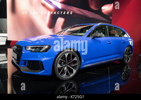 Frankfurt, Germany. 12th Sep, 2017. New Audi RS4 Avant car presented at the Frankfurt IAA Motor Show 2017. Credit: JLBvdWOLF/Alamy Live News Stock Photo