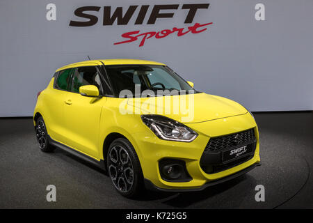 Frankfurt, Germany. 12th Sep, 2017. New 2018 Suzuki Swift Sport car revealed at the Frankfurt IAA Motor Show 2017. Credit: JLBvdWOLF/Alamy Live News Stock Photo