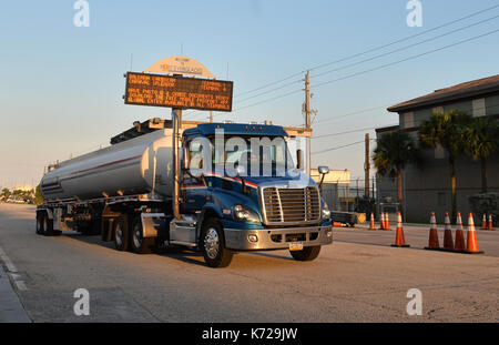 FORT LAUDERDALE, FL - SEPTEMBER 14: Gas trucks speed in and out of the Port of Fort Lauderdale. Florida starts to clean up as it struggles to get back online with gas and electric. Millions are still without power after Extreme Category 5 Hurricane Irma Which Is The largest Storm In US History hit the state on September 14, 2017 in Fort Lauderdale, Florida. People: Gas Tanker at Port of Fort Luaderdale Transmission Ref: FLXX MPI122/MediaPunch Stock Photo