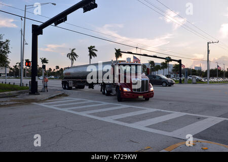 FORT LAUDERDALE, FL - SEPTEMBER 14: Gas trucks speed in and out of the Port of Fort Lauderdale. Florida starts to clean up as it struggles to get back online with gas and electric. Millions are still without power after Extreme Category 5 Hurricane Irma Which Is The largest Storm In US History hit the state on September 14, 2017 in Fort Lauderdale, Florida. People: Gas Tanker at Port of Fort Luaderdale Transmission Ref: FLXX MPI122/MediaPunch Stock Photo