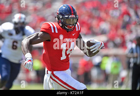 Oxford, MS, USA. 9th Sep, 2017. Mississippi receiver D.K. Metcalf runs upfield during the third quarter of a NCAA college football game against Tennessee-Martin at Vaught-Hemmingway Stadium in Oxford, MS. Mississippi won 45-23. Austin McAfee/CSM/Alamy Live News Stock Photo