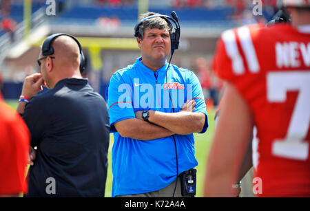 Oxford, MS, USA. 9th Sep, 2017. Mississippi interim coach Matt Luke during the fourth quarter of a NCAA college football game against Tennessee-Martin at Vaught-Hemmingway Stadium in Oxford, MS. Mississippi won 45-23. Austin McAfee/CSM/Alamy Live News Stock Photo