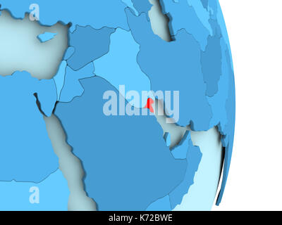 Kuwait in red on simple blue political globe with visible country borders. 3D illustration. Stock Photo