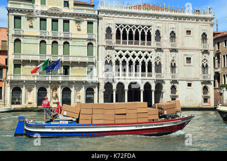 Dei Rossi tranport boat at Grand Canal Grande, Venice. Palazzo Miani Coletti Giusti and palazzo Ca' d'Oro. Stock Photo