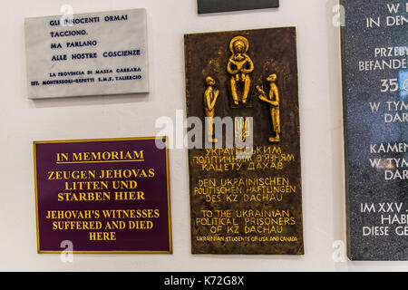 Commemorative plates in the International Memorial of the Dachau Concentration Camp Stock Photo