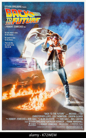 Back to the Future (1985) directed by Robert Zemeckis and starring Michael J. Fox, Christopher Lloyd and Lea Thompson. Marty McFly tries to get back from 1955 in a time traveling DeLorean designed by Doc Brown. Great balls of fire! Stock Photo