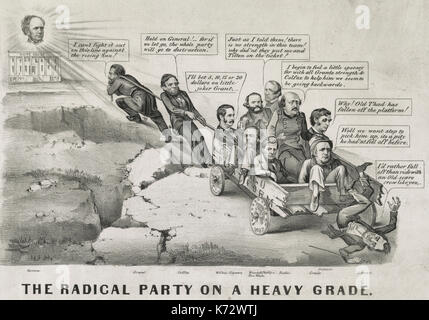 .The Radical Party on a heavy grade - An election-year cartoon, predicting the victory of former New York governor Horatio Seymour in the presidential race. Here, Seymour's head hovers, glowing, above the White House, complacently watching a group of struggling Republicans. Republican candidate Grant and his running mate Colfax draw a wagon, the 'Chicago Platform,' loaded with supporters up a steep hill toward the White House. Charles Wilkes, seated in front of the wagon, wagers, '. . . 5, 10, 15 or 20 dollars on little joker Grant,--' Ohio ex-senator Benjamin Wade grumbles, 'Just as I told t Stock Photo