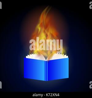 Burning Blue Paper Book with Fire Flame Stock Vector