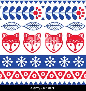 Scandinavian seamless vector folk art pattern - Finnish floral design with foxes , Nordic style Stock Vector
