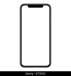Smartphone mockup similar to iphone X. New black frameless smartphone mockup with white screen. Isolated on white background. Stock Photo