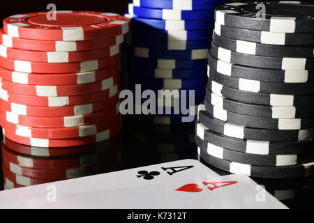 Pair of aces poker hand close up. Stacks of poker chips on background. Stock Photo
