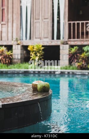 Two young fresh coconuts on edge of swimming pool with crystal clean emerald water. Tropical and summer mood Stock Photo