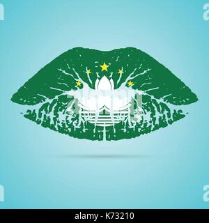 Macau Flag Lipstick On The Lips Isolated On A White Background. Vector Illustration. Stock Vector