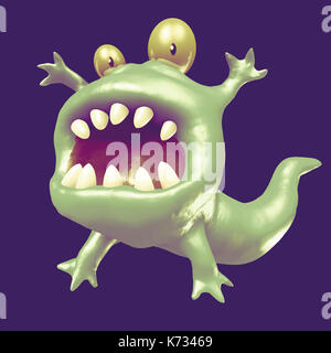 Cartoon green monster tadpole. 3D illustration. Funny cute emoticon green character. Stock Photo