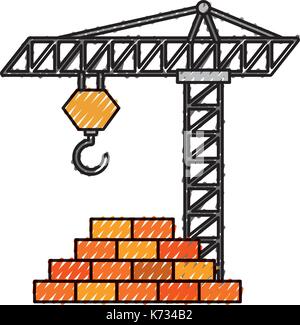 construction tower crane wall brick work Stock Vector