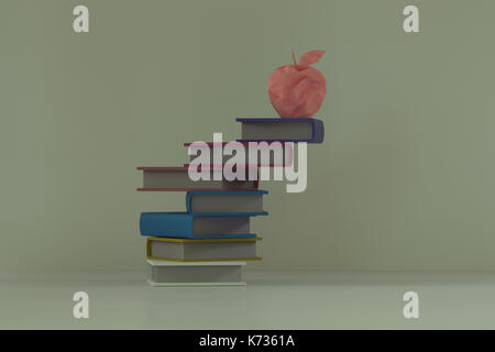 3d rendering of low poly apple on stacking books Stock Photo