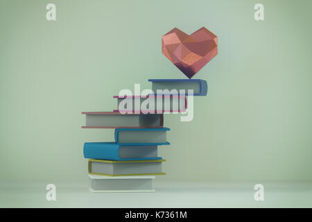 3d rendering of low poly heart shape on stacking book Stock Photo