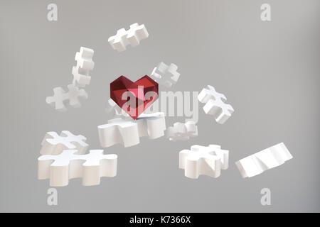 3d rendering of low poly heart shape on flying puzzle blocks Stock Photo