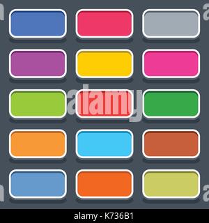 15 3d blank icon in flat style. Set 01 clicked variant . Colored satin rounded rectangle button with oval shadow on gray background Stock Vector