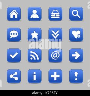 16 blue satin icon with white basic sign on rounded square web button with color reflection on background. This vector illustration internet design Stock Vector