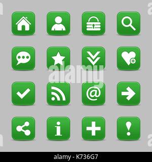 16 green satin icon with white basic sign on rounded square web button with color reflection on background. This vector illustration internet design Stock Vector
