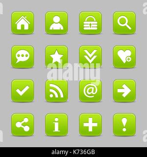 16 green satin icon with white basic sign on rounded square web button with color reflection on background. This vector illustration internet design Stock Vector