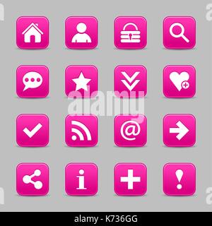 16 pink satin icon with white basic sign on rounded square web button with color reflection on background. This vector illustration internet design Stock Vector