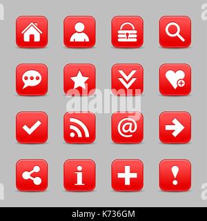 16 red satin icon with white basic sign on rounded square web button with color reflection on background. This vector illustration internet design Stock Vector