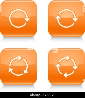4 arrow icon. White refresh, reload, rotation, repeat sign. Set 01. Orange rounded square button with gray reflection, black shadow on white Stock Vector