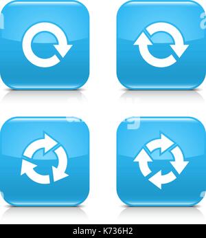 4 arrow icon. White repeat, reload, refresh, rotation sign. Set 03. Blue rounded square button with gray reflection, black shadow on white background. Stock Vector