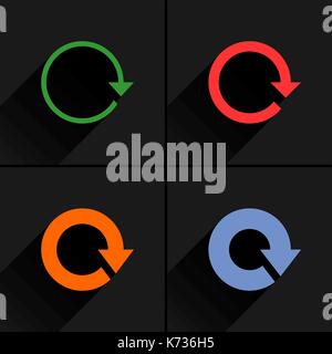 4 arrow icon. Set 01. Reload, refresh, rotation, reset, repeat sign. Color pictogram with black long shadow on gray background. Simple, solid, plain,  Stock Vector