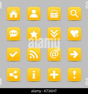 16 yellow satin icon with white basic sign on rounded square web button with color reflection on background. This vector illustration internet design  Stock Vector