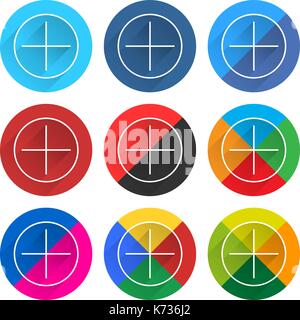 9 popular social network icon set with plus sign in circle with long diagonal shadow. Circle web button on white background. Flat simple clean plain s Stock Vector