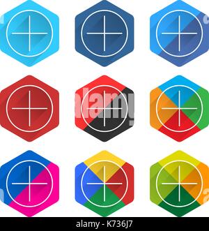 9 popular social network icon set with plus sign in circle with long diagonal shadow. Hexagon web button on white background Stock Vector