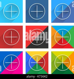9 popular social network icon set with plus sign in circle with long diagonal shadow. Square web button on white background Stock Vector