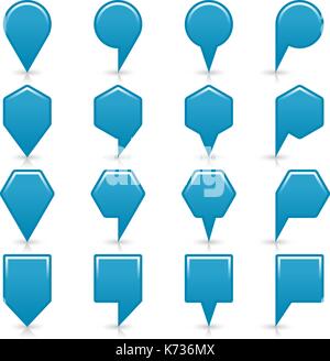Flat blue color map pin sign location icon with gray shadow and reflection isolated on white background. Web design element save in vector illustratio Stock Vector