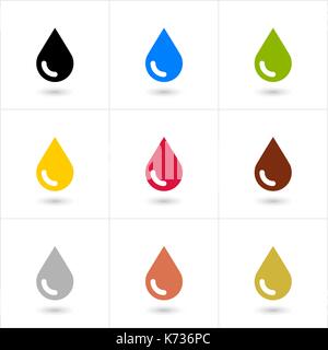 9 drop petroleum, water, eco, oil, blood, chocolate, silver, copper, gold set in simple flat style. Black, blue, green, yellow, brown, gray colors Stock Vector